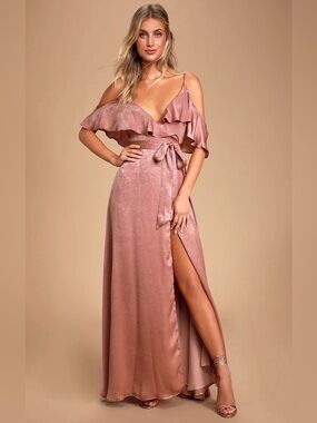 Lulu's Rose Gold Cold-Shoulder Ruffle Wrap Maxi Dress